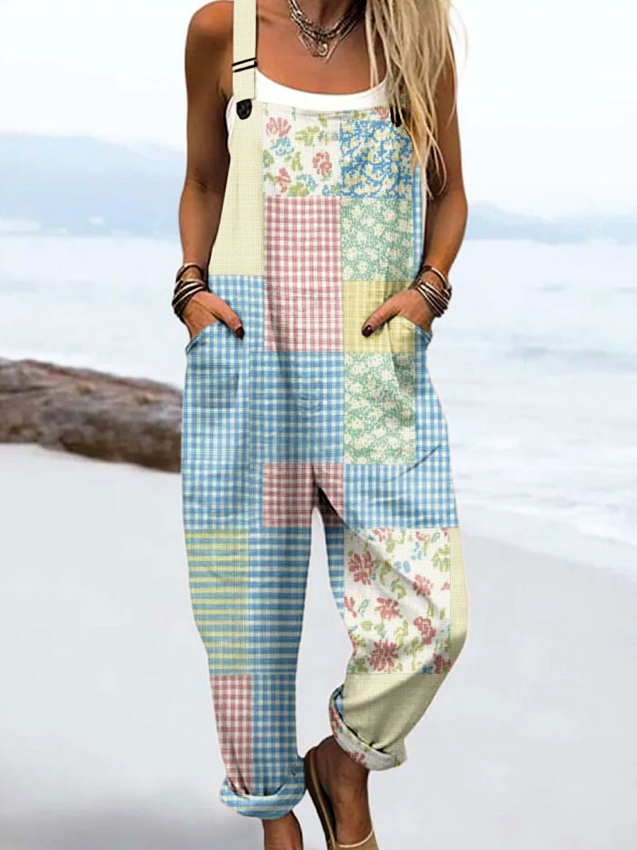 Women's Vintage Abstract Mosaic Flowers Art Print Casual 100% Cotton Wide Leg Jumpsuit