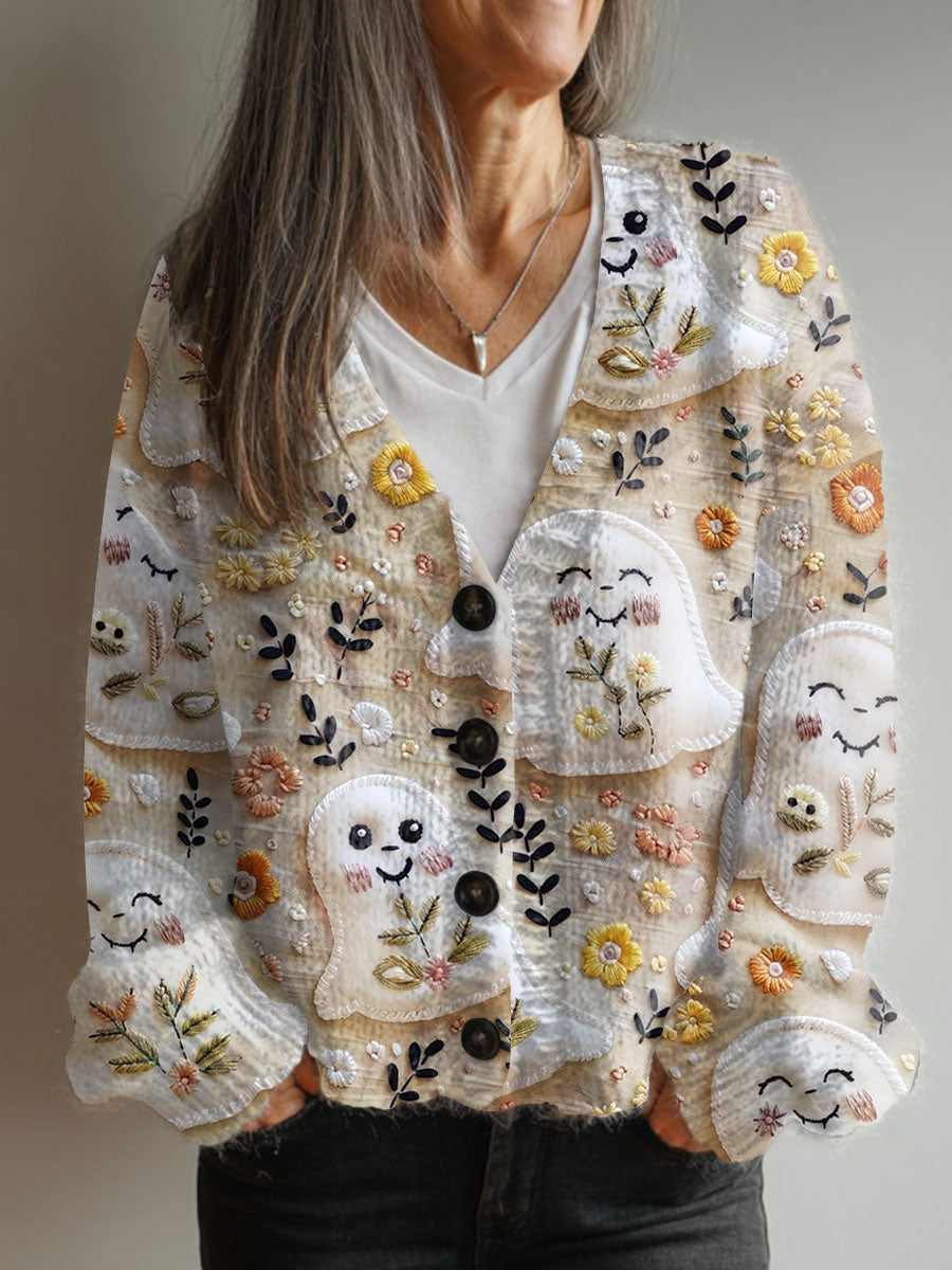 Halloween Cute Ghost  Art Print Buttoned V-neck Cardigan Sweater