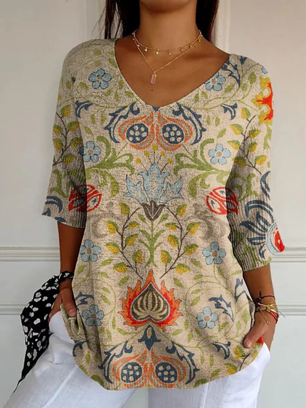 Pull décontracté en maille à imprimé floral ethnique vintage pour femme 