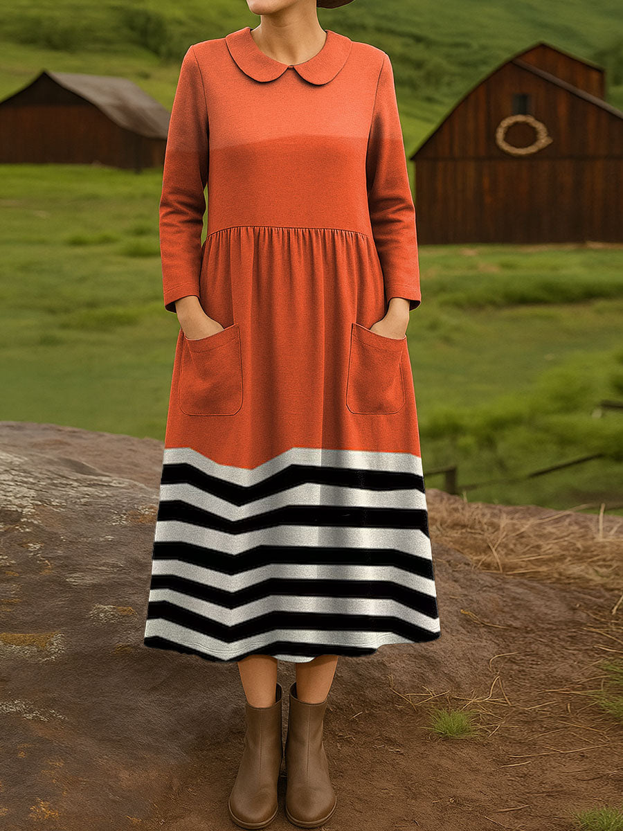 Women's Century Modern Red Black Lines and Shapes Pattern Colorful Art Print Cotton Lapel Button-Down Shirt Dress