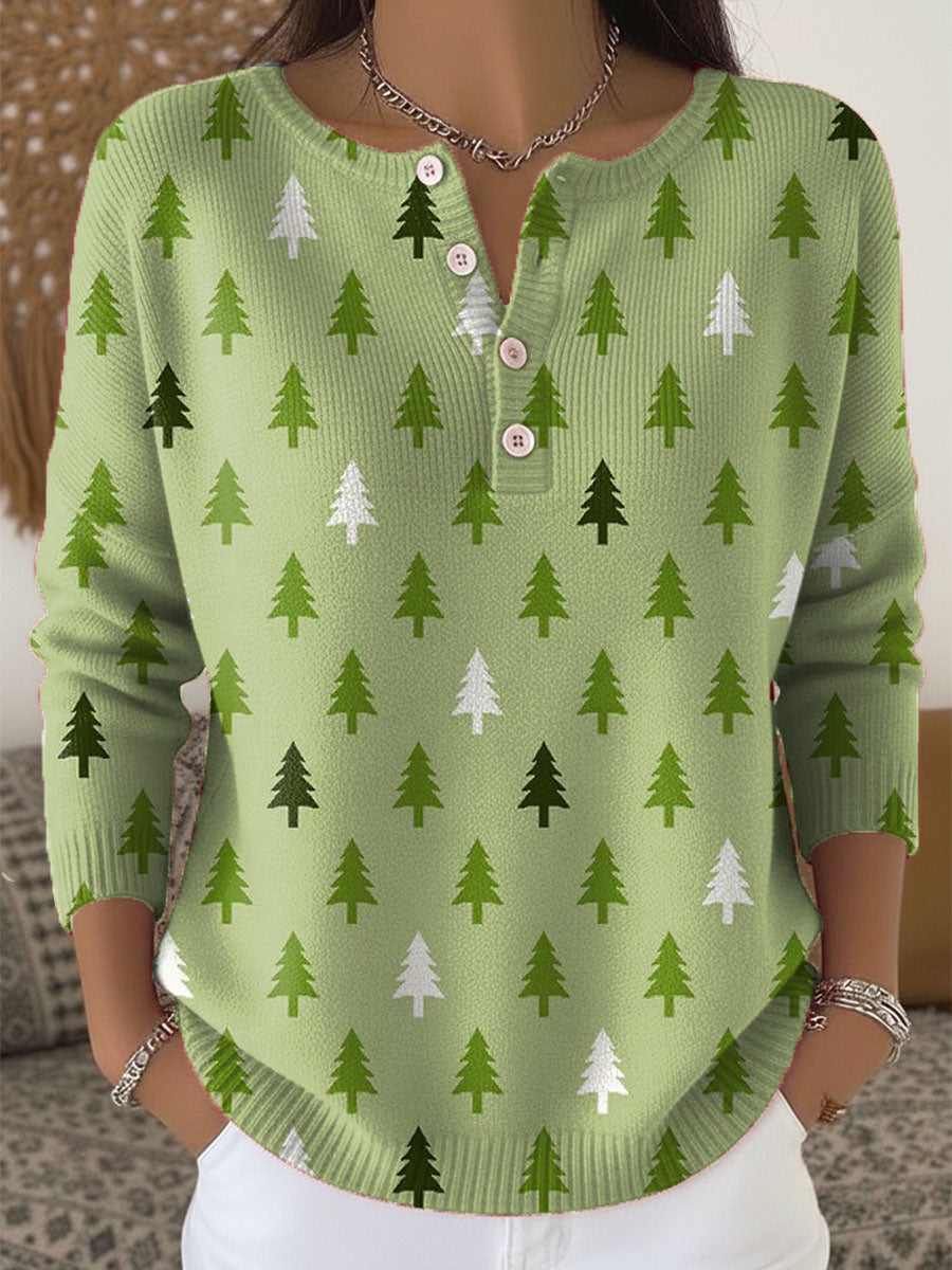 Vintage Christmas Tree Art Print Buttoned Cardigan Sweater