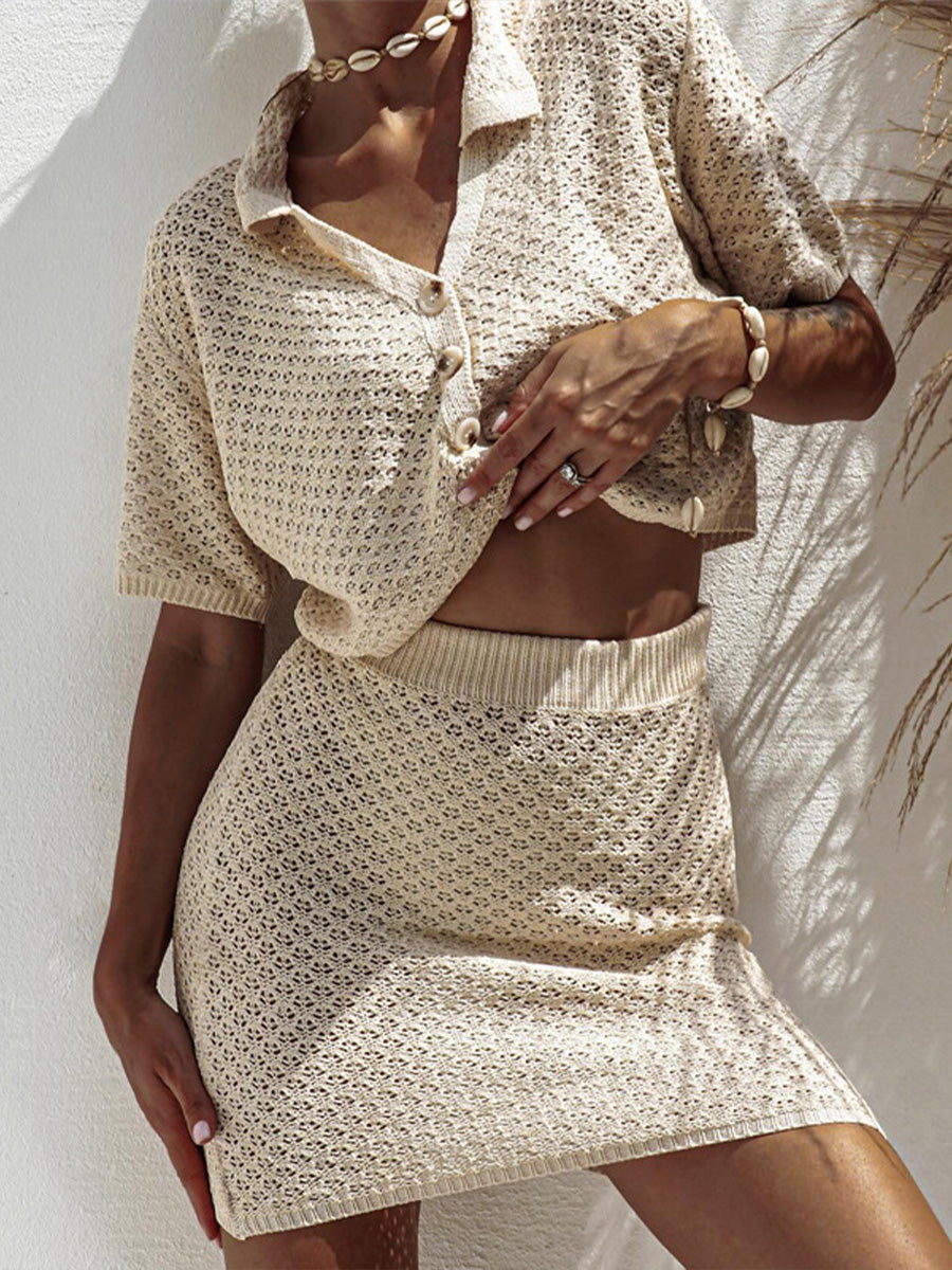 Women's Fashion Knitted Short Sleeve Skirt Set