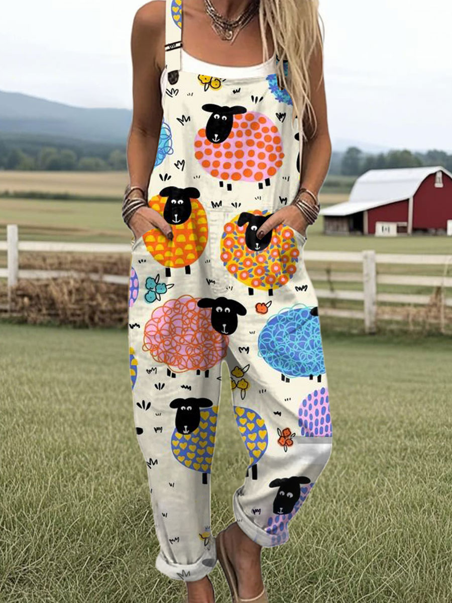 Women's  Funny Sheep Art Print Casual 100% Cotton Wide Leg Jumpsuit