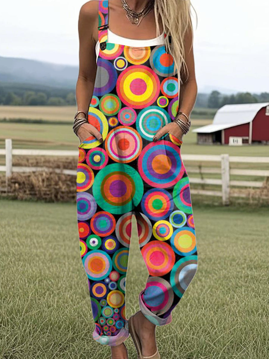 Women's Colorful Circular Geometric Painting Art Print Casual 100% Cotton Wide Leg Jumpsuit