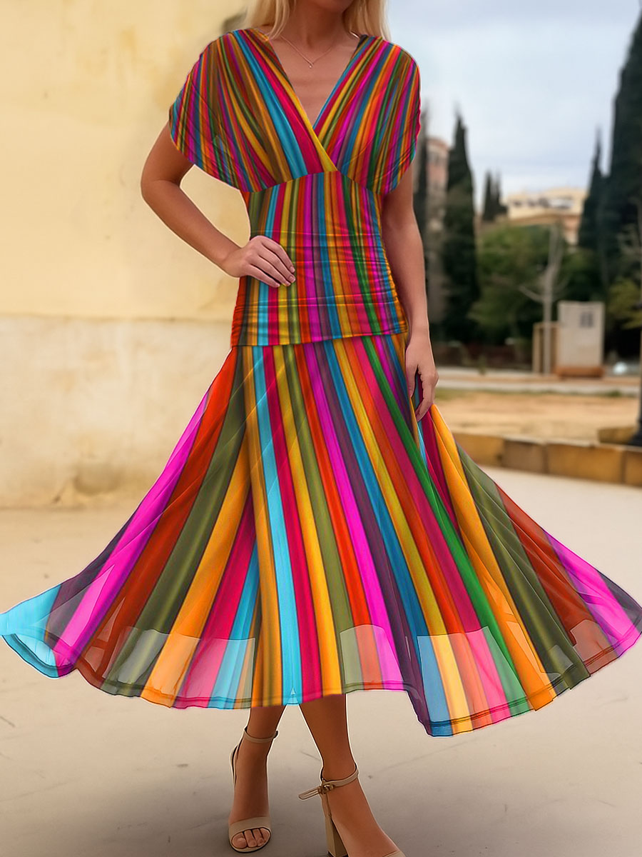 Women's Vintage Rainbow Art Print Flowy Casual Dress