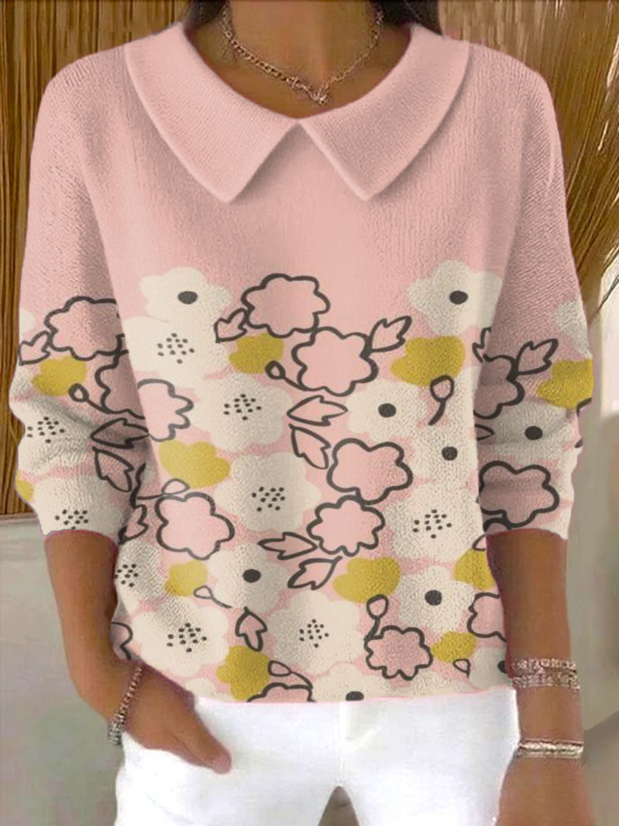 Women's Simple Strokes Of Flowers Print Casual Peter Pan Collar 3/4 Sleeve Sweater