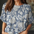 Pull en maille à manches courtes et col rond, imprimé floral vintage pour femme 