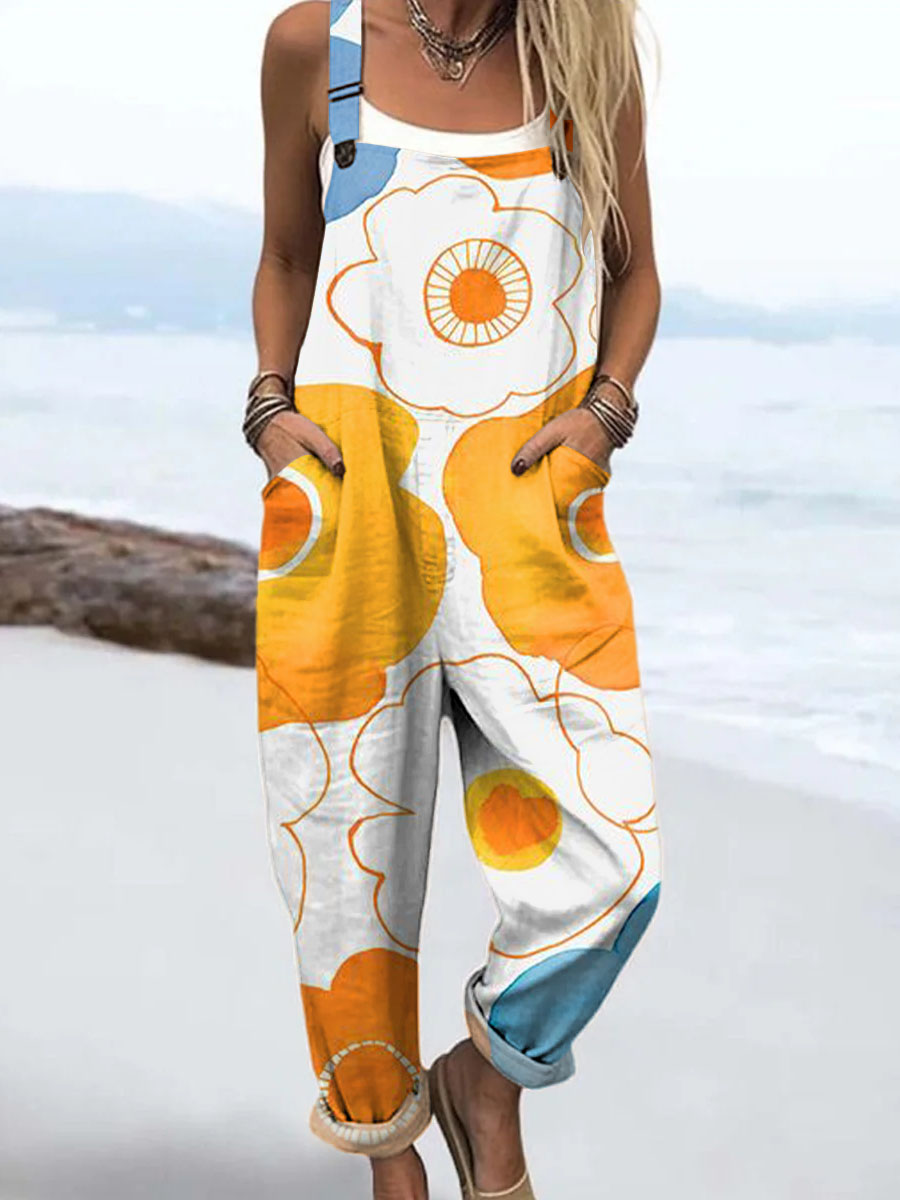 Women's Artistic Creative Small Flowers Print Casual 100% Cotton Wide Leg Jumpsuit