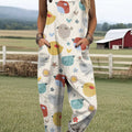 Women's Artistic Creative Cartoon Bird Print Casual 100% Cotton Wide Leg Jumpsuit
