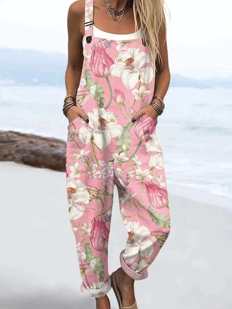 Women's  Vintage Floral Art Print Casual 100% Cotton Wide Leg Jumpsuit