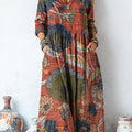 Women's Vintage Ethnic Large Flower Painting Art Print Linen Pocket Tunic Dress