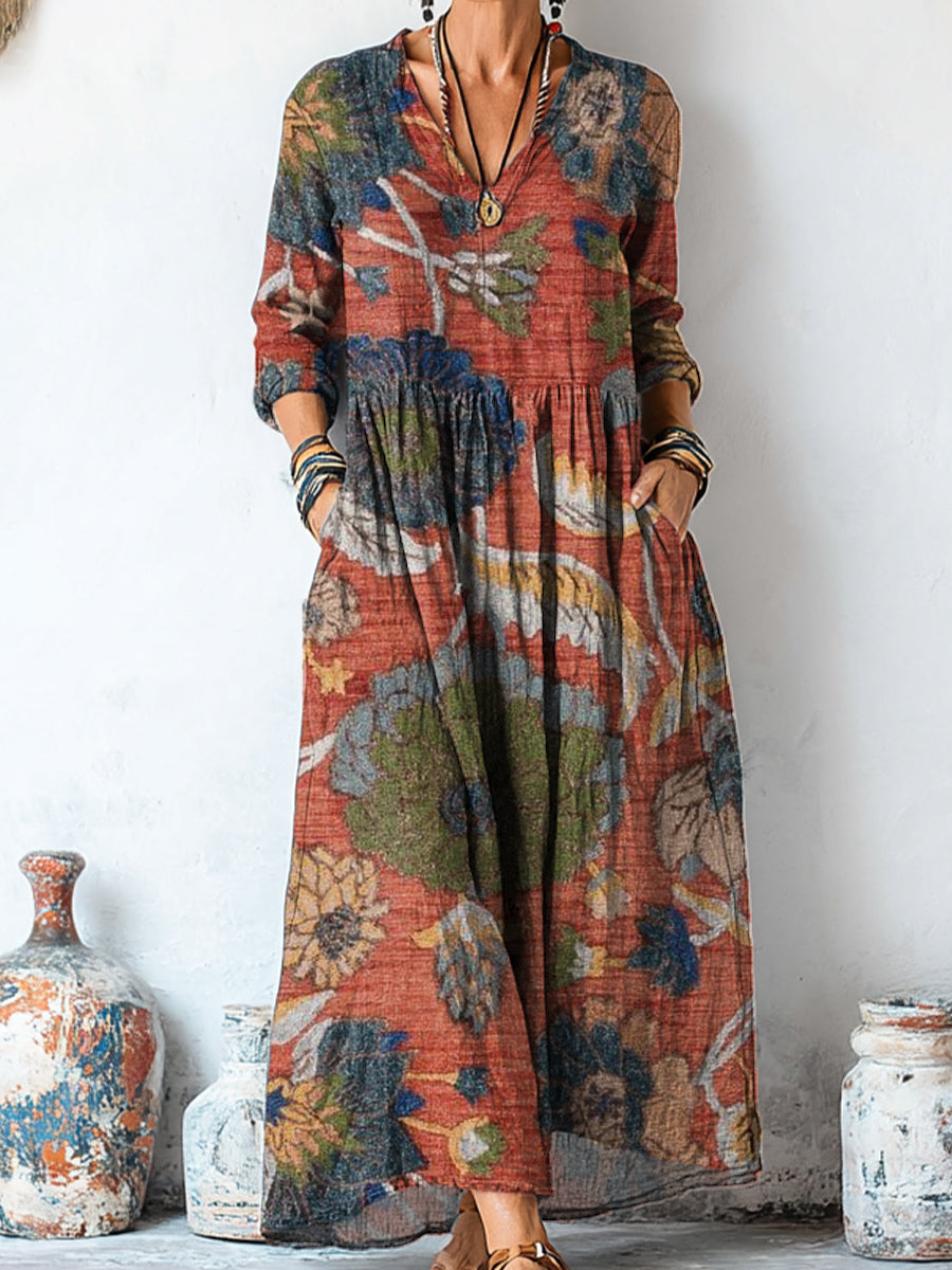 Women's Vintage Ethnic Large Flower Painting Art Print Linen Pocket Tunic Dress