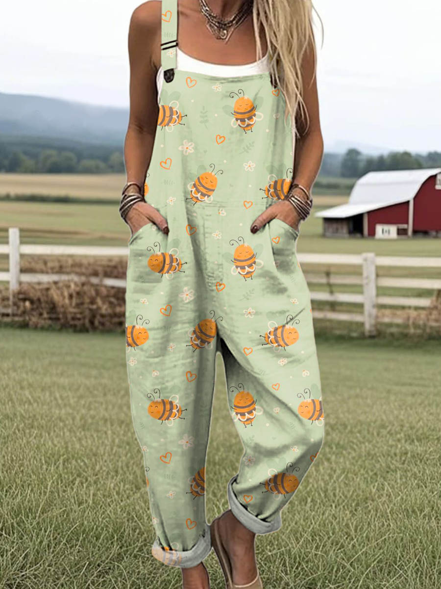 Women's Lovely Bees Art Print Casual 100% Cotton Wide Leg Jumpsuit