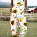 Women's  Bee Vintage  Flowers Art  Print Casual 100% Cotton Wide Leg Jumpsuit