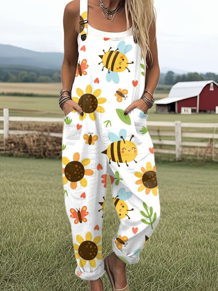 Women's  Bee Vintage  Flowers Art  Print Casual 100% Cotton Wide Leg Jumpsuit
