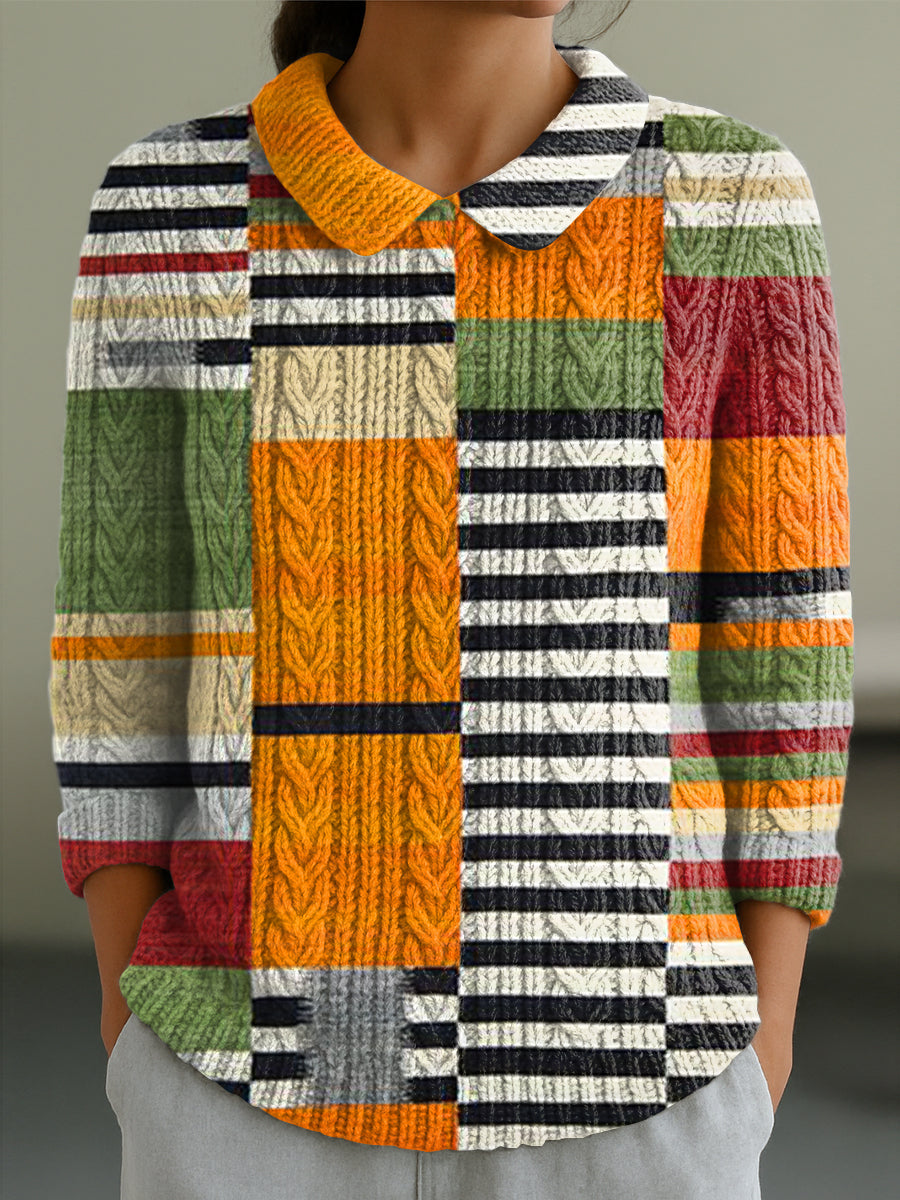 womens-colorful-geometric-plaid-painting-art-print-casual-peter-pan-collar-3-4-sleeve-sweater