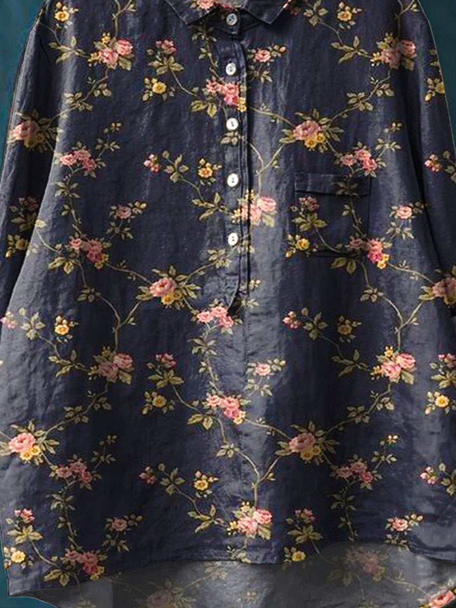 Women's Vintage Floral Art Print Casual Cotton And Linen Shirt