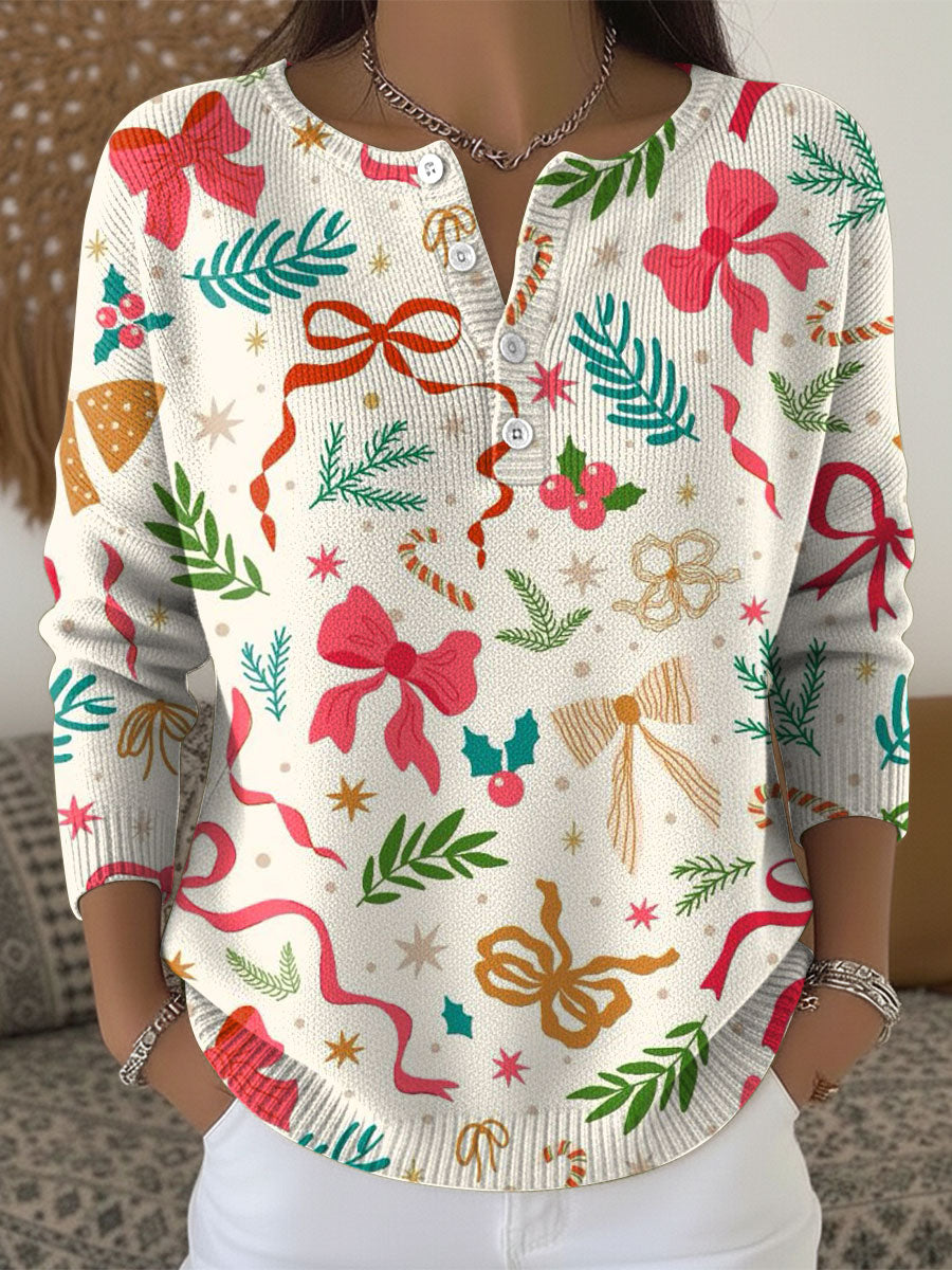 Women's Christmas Bow Tie Pattern Art Print Buttoned Cardigan Sweater