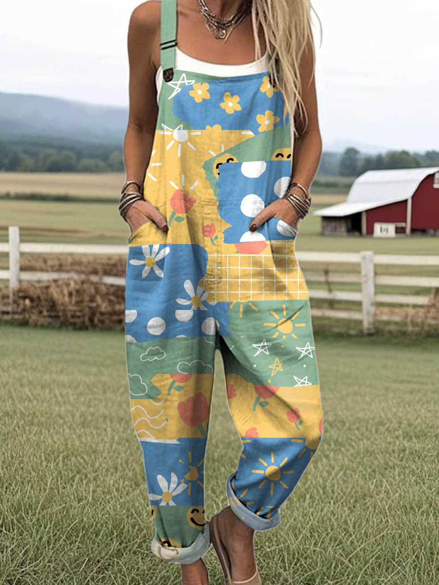 Women's Lovely Floral Art Print Casual 100% Cotton Wide Leg Jumpsuit