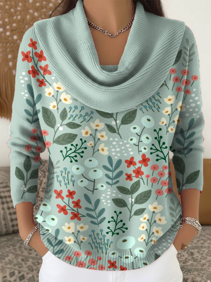 Women's Floral Art Print Cowl Neck Sweater