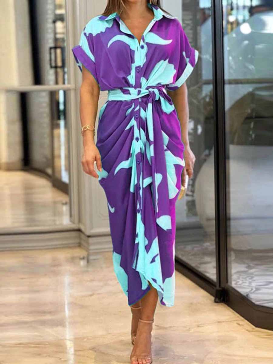 Women's Floral Art Print Loose Casual Lapel High-Waist Shirt Long Dress