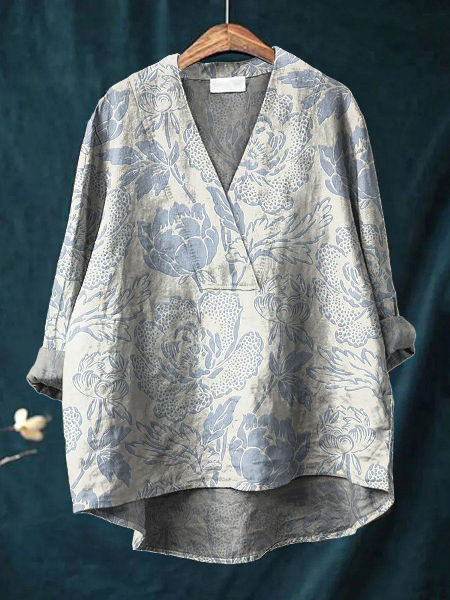 Women's Vintage Lovely Floral Art Print Casual Cotton And Linen V-neck Shirt