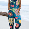 Women's Art Flower Owl Print Casual 100% Cotton Wide Leg Jumpsuit