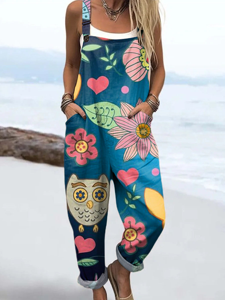 Women's Art Flower Owl Print Casual 100% Cotton Wide Leg Jumpsuit