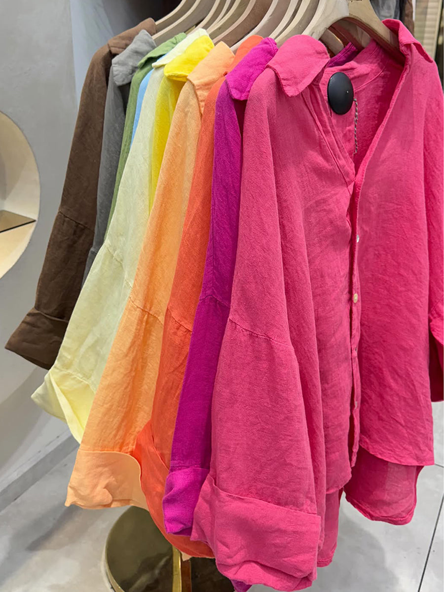 Women's Loose V-neck Batwing Sleeve Long-sleeved Linen Shirt