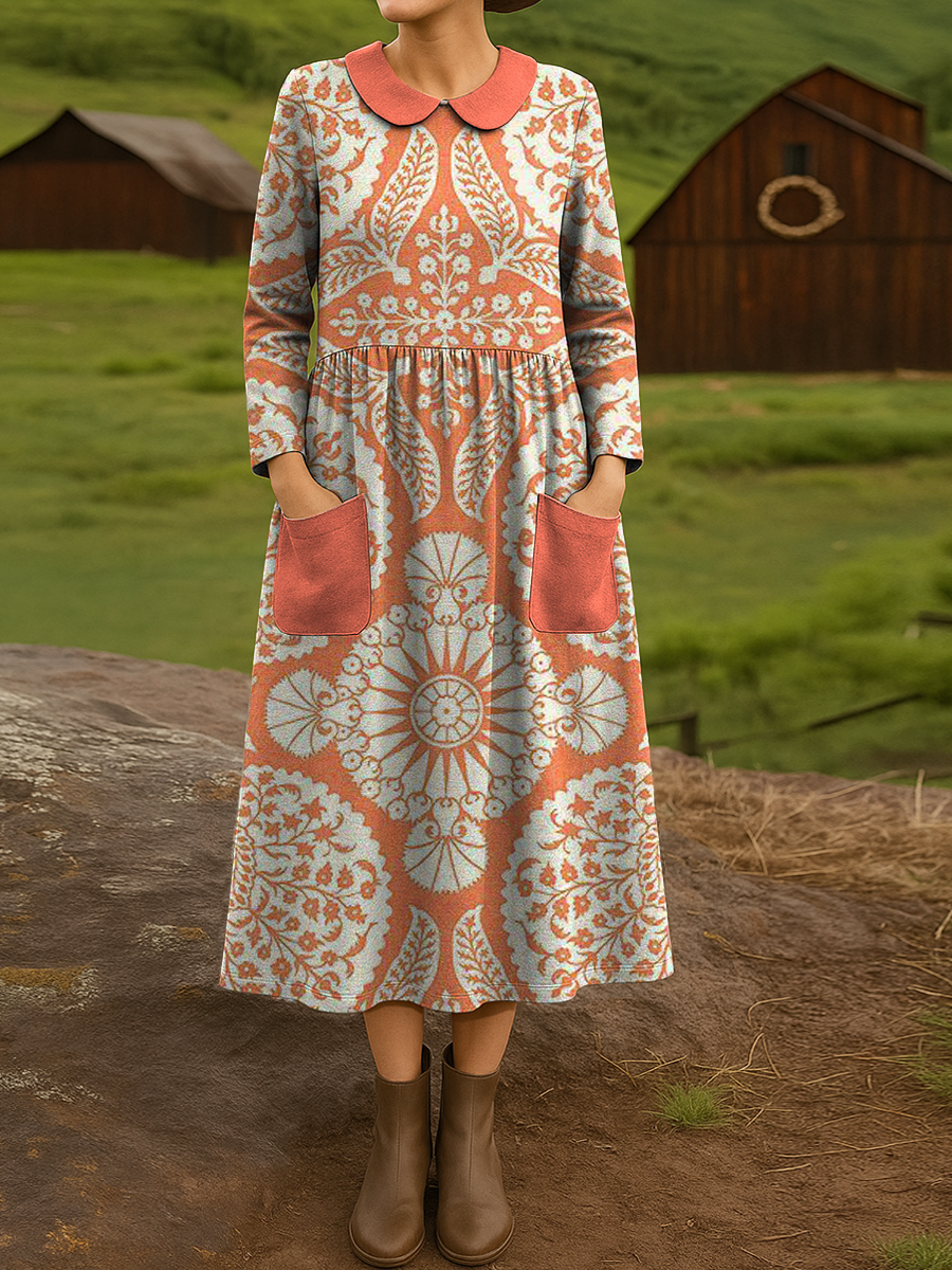 Women's Retro Geometry Flowers Pattern Art Print Cotton Lapel Button-Down Shirt Dress