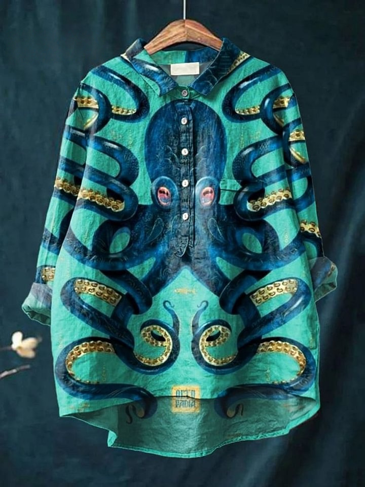 Women's Octopus  Art Print Casual Cotton And Linen Shirt
