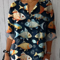 Women's Vintage Lovely Fish Art Print Casual Cotton Linen Shirt