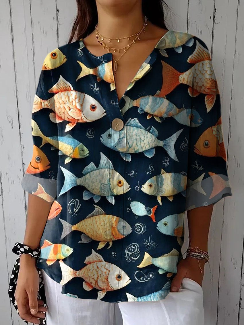 Women's Vintage Lovely Fish Art Print Casual Cotton Linen Shirt