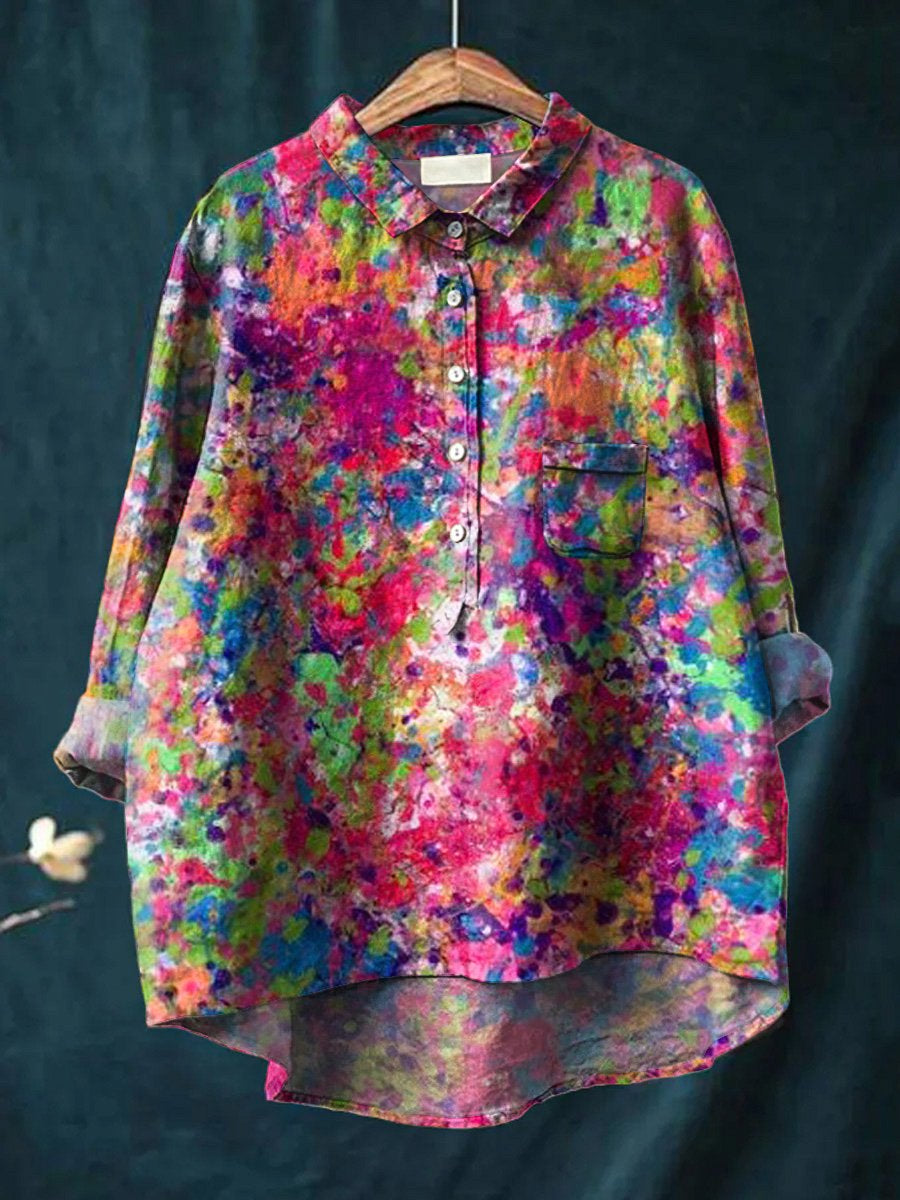 Colorful Paint Splash Pattern Printed Women's Casual Cotton And Linen Shirt