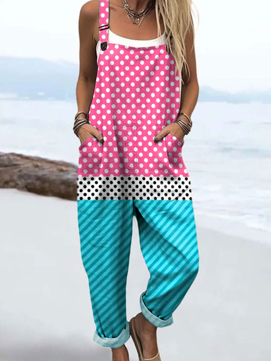 Women's Colorful Abstract Wave Dot Art Print Casual 100% Cotton Wide Leg Jumpsuit