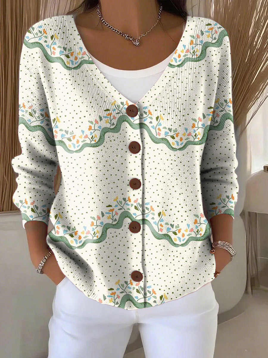 Ethnic Pattern Print Buttoned V-neck Cardigan Sweater