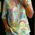 Women's Floral Pattern Art Print Casual Classic Henley Collar 100% Cotton T-shirt
