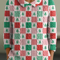 Women's Plaid Christmas Tree Print Casual Peter Pan Collar 3/4 Sleeve Sweater