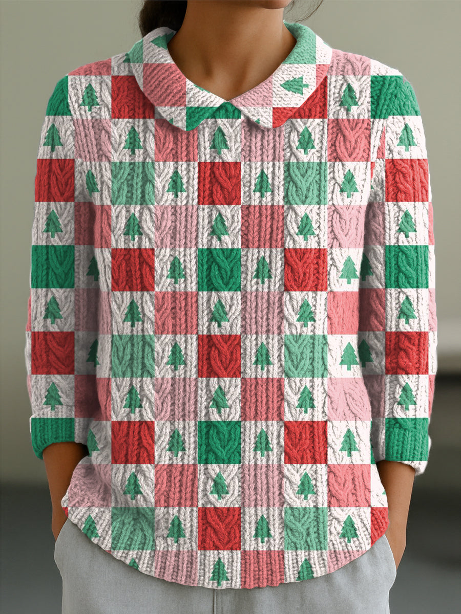 Women's Plaid Christmas Tree Print Casual Peter Pan Collar 3/4 Sleeve Sweater