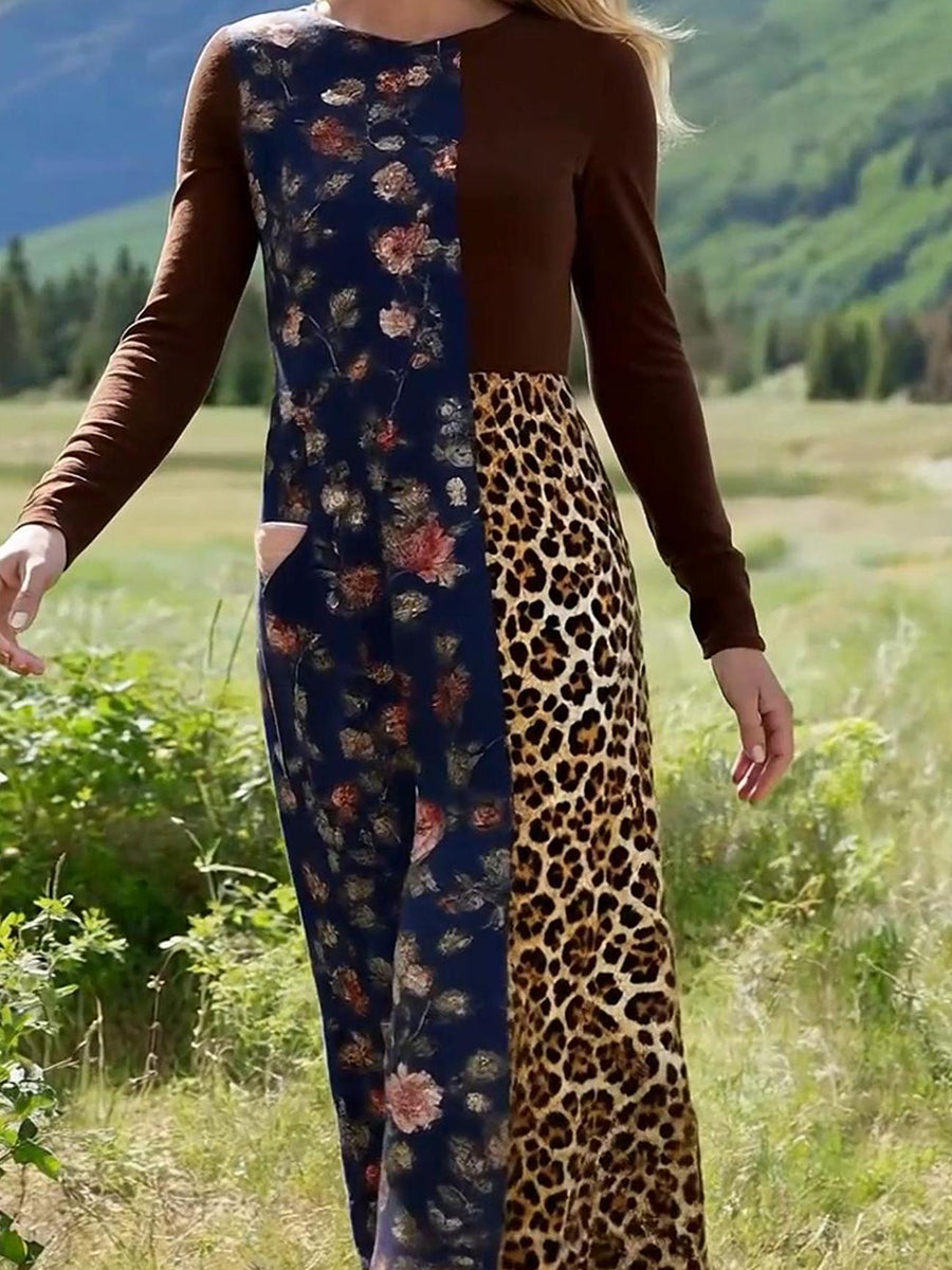 Women's Bohemian Floral Leopard Print Stretch Dress