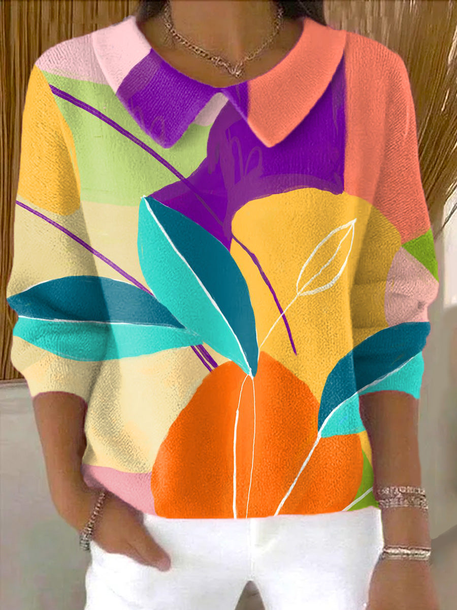 womens-beautiful-colorful-geometric-floral-painting-art-print-casual-peter-pan-collar-3-4-sleeve-sweater