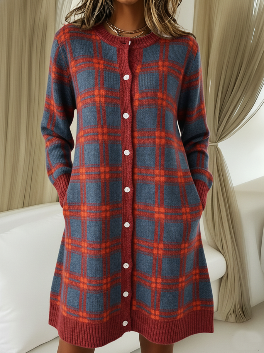Retro Round Neck Button Contrast Plaid Print A-line Dress
