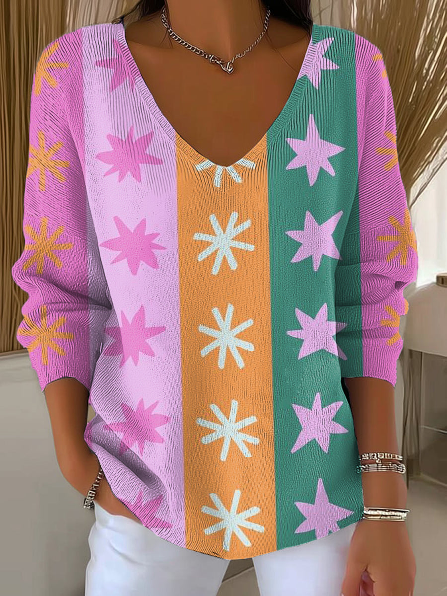 womens-colorful-stripes-stars-painting-art-print-casual-pullover-sweater