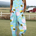Women's Vintage Bee Art Print Casual 100% Cotton Wide Leg Jumpsuit