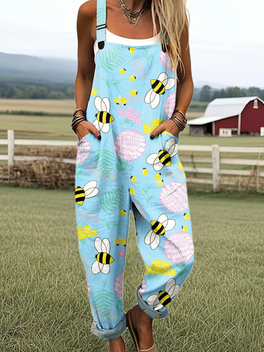 Women's Vintage Bee Art Print Casual 100% Cotton Wide Leg Jumpsuit
