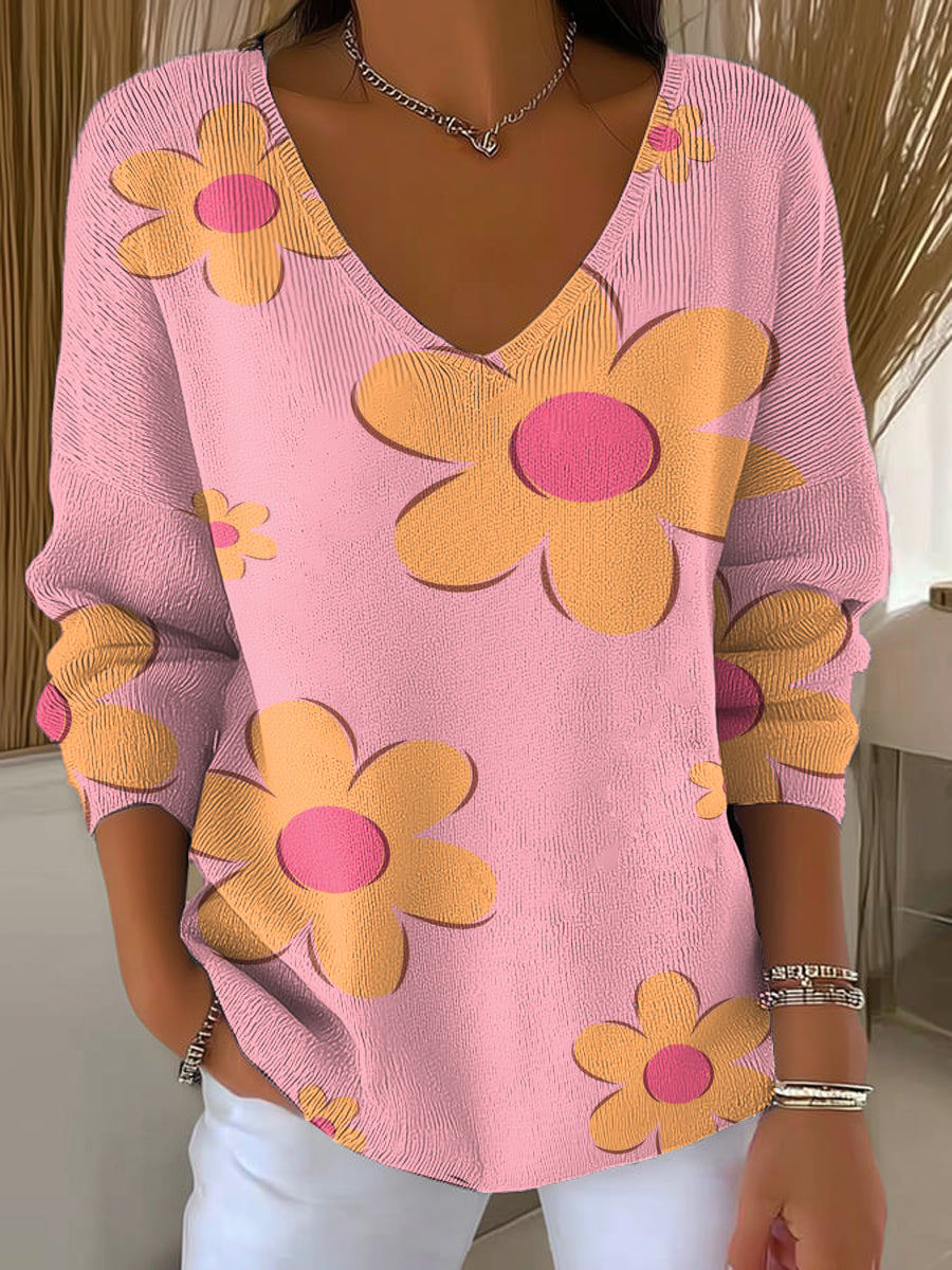 Women's Cute Big Flowers Print Casual Pullover Sweater