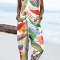 Women's Colorful Art Abstract Flower Print Casual 100% Cotton Wide Leg Jumpsuit
