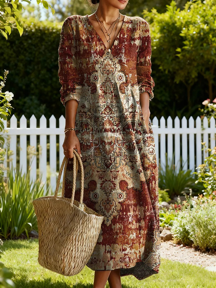 Women's Vintage Flower Art Print Linen Pocket Tunic Dress