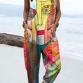 Women's Colorful Abstract Realistic Face Art Print Casual 100% Cotton Wide Leg Jumpsuit
