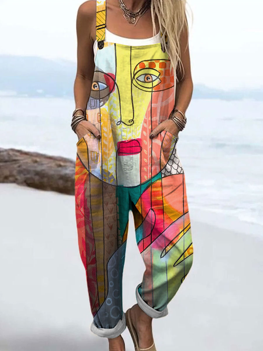 Women's Colorful Abstract Realistic Face Art Print Casual 100% Cotton Wide Leg Jumpsuit